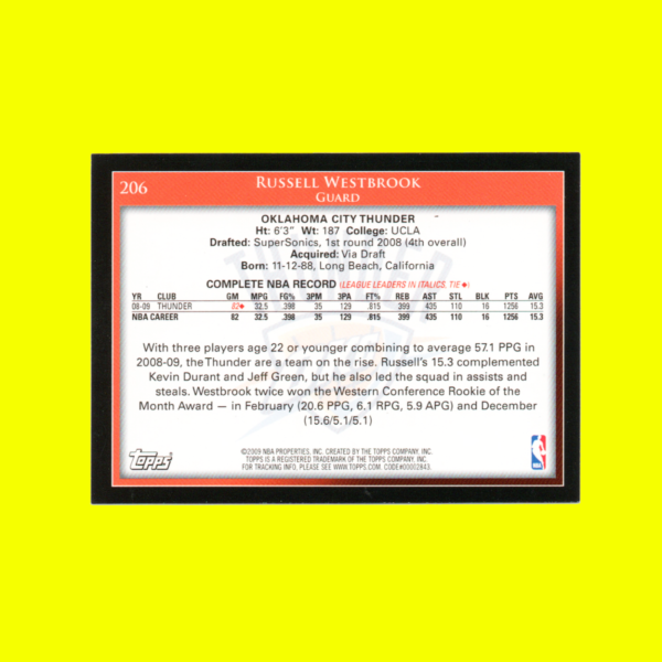 2009-10 Topps - #206 Russell Westbrook - Thunder - Image 2