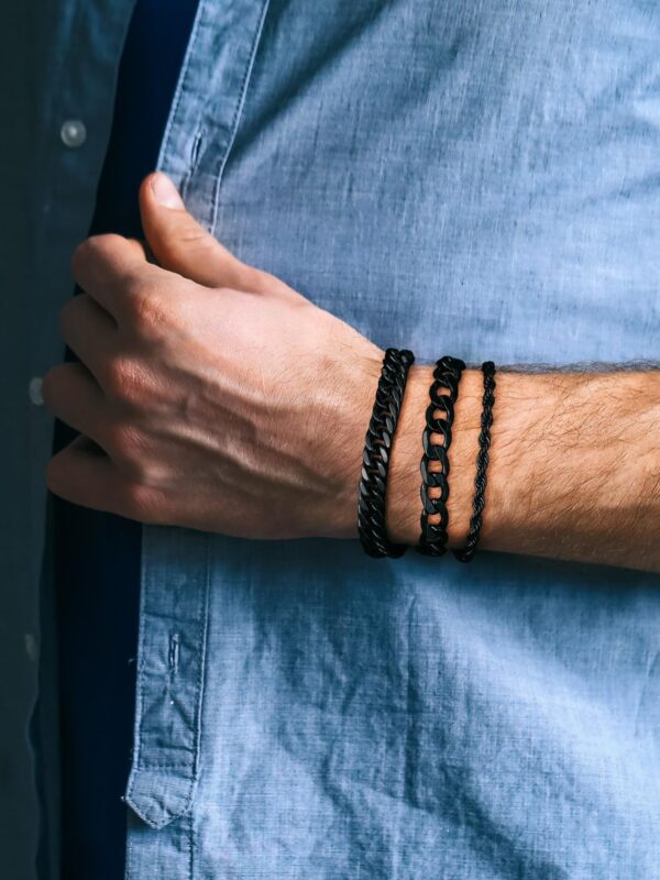 3-Black Chain Bracelet Set for Men , Women Curb Cuban Link Bracelet Set , 7.4 in - Image 7