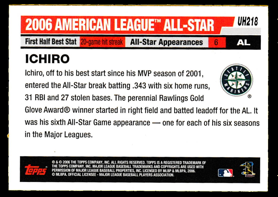 2006 Topps UH218 Ichiro - 6 Time AL All Star - Seattle Mariners - Image 2