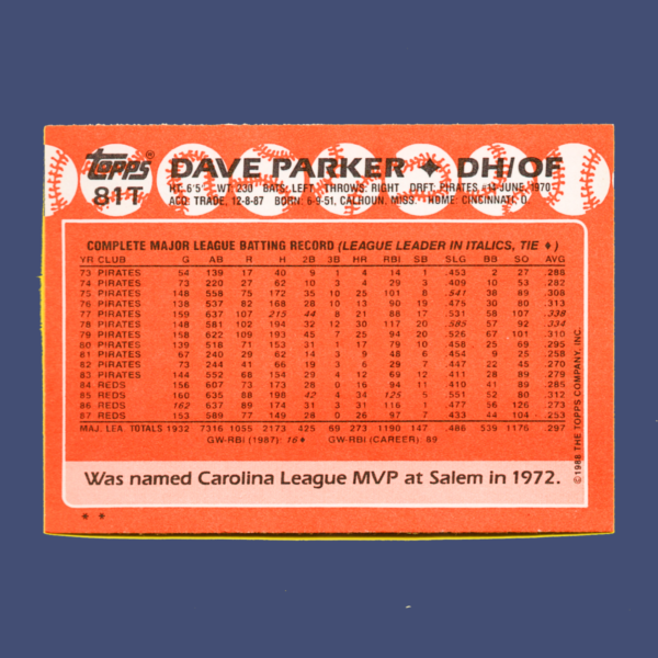 1989 Topps Traded #81T - Dave Parker - Oakland A's - Image 2