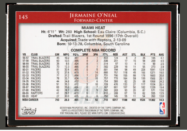 2009 Topps NBA - #145 Jermaine O'Neal - Miami Heat Forward-Center Collectible - Image 2