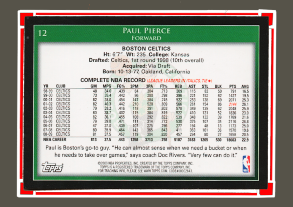 2009 Topps NBA - #12 Paul Pierce - Boston Celtics Forward Collectible - Image 2
