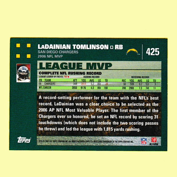 2007 Topps 425 LaDanian Tomlinson - League MVP - San Diego Chargers - Image 2