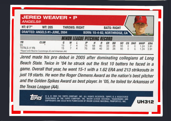 2005 Topps Updates UH312 -Jered Weaver Draft Pick (RC) - Los Angeles Angels - Image 2