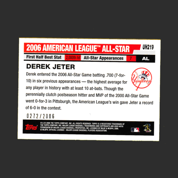 2006 Topps #UH219 Derek Jeter - Gold Parallel (#272/2006) - Yankees - Image 2