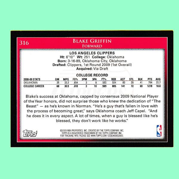 2009 Topps #316 Blake Griffin – Rookie Card – Clippers - Image 2