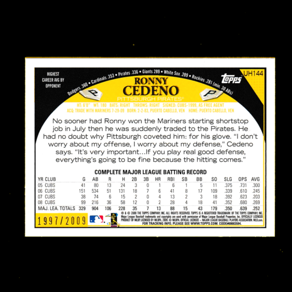 2009 Topps UH144 Ronny Cedeno - Gold Parallel (#199/2009) - Pittsburgh Pirates - Image 2