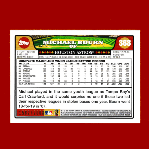 2008 Topps Update #368 Michael Bourn - Gold Parallel (#1582/2008) - Astros - Image 2