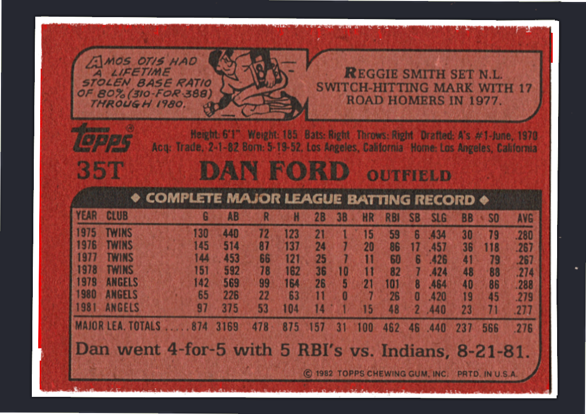 Vintage 1982 Topps Traded #35T - Dan Ford Baltimore Orioles Outfield - Image 2