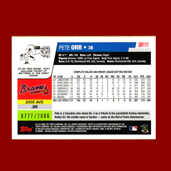 2006 Topps Update #UH111 Pete Orr - Gold Parallel (#777/2006) - Braves - Image 2