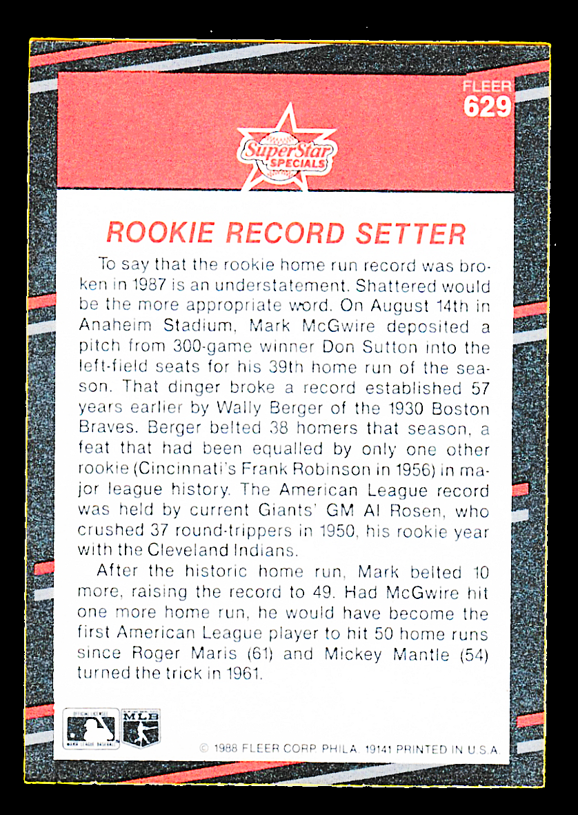 1988 Fleer #629 Mark McGwire - Rookie Home Run Record Setter - Oakland A's - Image 2