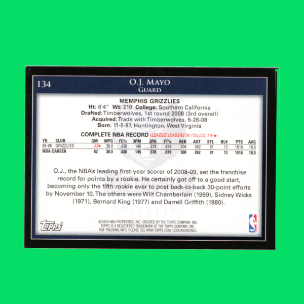 2009-10 Topps - #134 O.J. Mayo Rookie - Grizzlies - Image 2