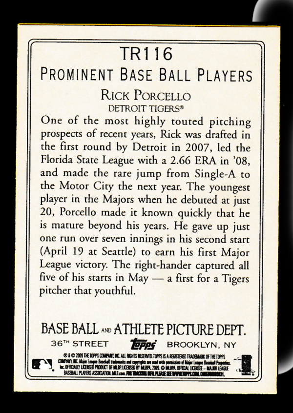 2009 Topps TR116 Rick Porcello - Rookie Card Prominent Baseball Players - Tigers - Image 2
