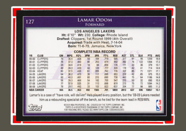 2009 Topps NBA - #127 Lamar Odom - Los Angeles Lakers Forward Collectible - Image 2