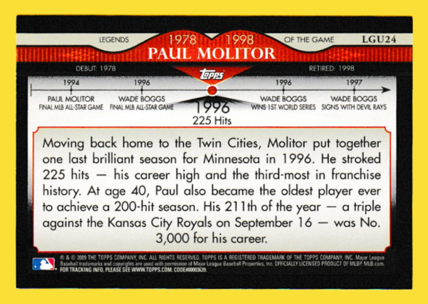 2009 Topps LGU24 Paul Molitor - Oldest Player Ever With 200 Hit Season - Twins - Image 2