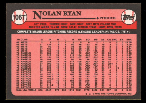 1989 Topps Traded #106T Nolan Ryan - Texas Rangers - Image 2
