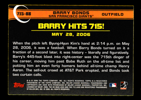 Barry Bonds 2006 Topps Home Run History #715 HR Record Breaker - S.F. Giants - Image 2