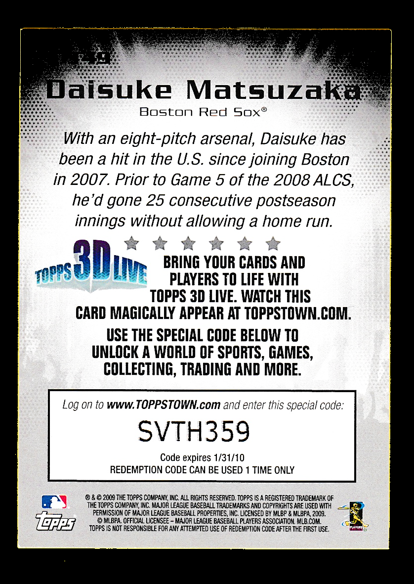 2009 Topps Town TTT49 Daisuke MatSuzaka - Boston Red Sox - Image 2