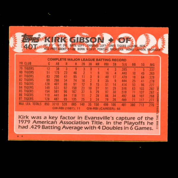 1988 Topps Traded #40T Kirk Gibson - Los Angeles Dodgers - Image 2