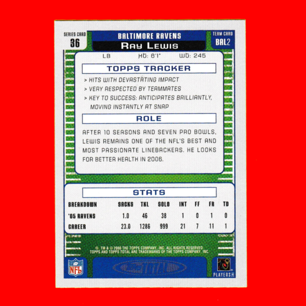 2006 Topps Total 36 Ray Lewis - Baltimore Ravens - Image 2
