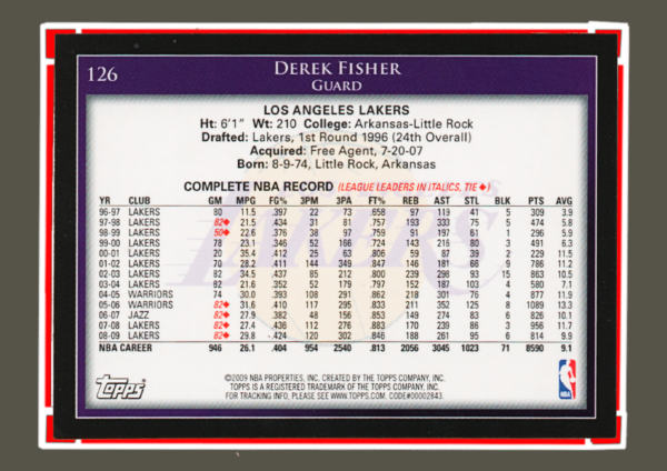 2009 Topps NBA - #126 Derek Fisher - Los Angeles Lakers Guard Collectible - Image 2