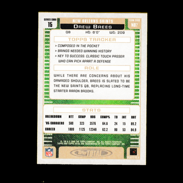 2006 Topps 15 Drew Brees - New Orleans Saints - Image 2