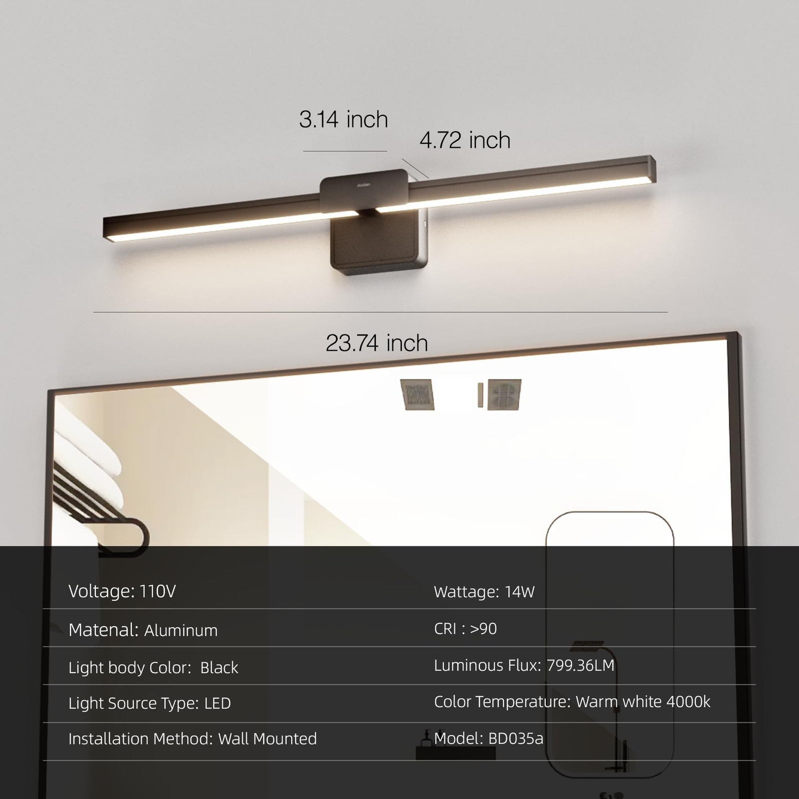 Elegant 14W LED Vanity Light - 4000K for Makeup & Bathroom, Anti-Glare, Black - Image 2