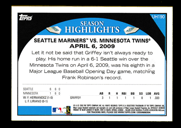 2009 Topps Updates & Highlights UH190 Ken Griffey Jr - Seattle Mariners - Image 2