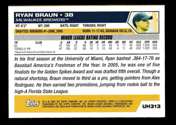 2009 Topps UH313 - Ryan Braun Draft Pick - Milwaukee Brewers - Image 2