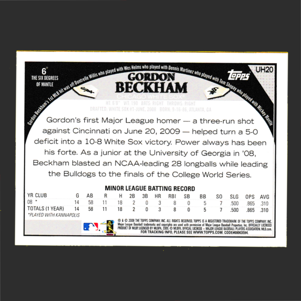 2009 Topps UH20 Gordon Beckman - Rookie Card (RC) - Chicago White Sox - Image 2