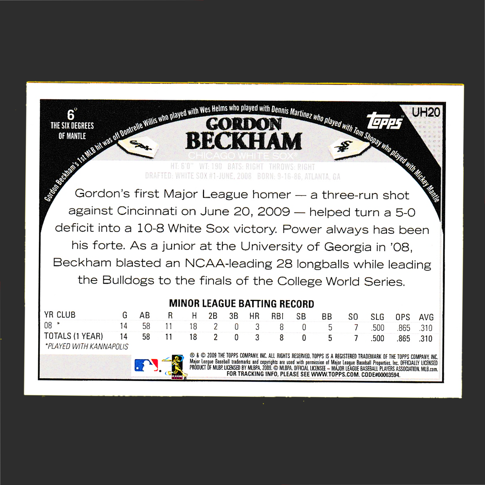 2009 Topps UH20 Gordon Beckman - Rookie Card (RC) - Chicago White Sox - Image 2