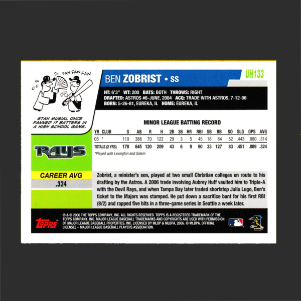 2006 Topps UH133 Ben Zobrist Rookie Card (RC) - Tampa Bay Rays - Image 2