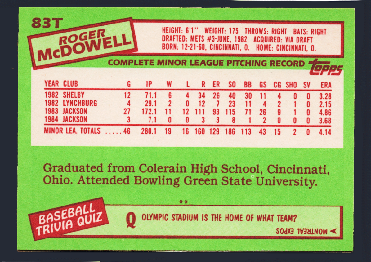 Vintage 1985 Topps Traded #83T - Roger McDowel Rookie Card (RC) - New York Mets - Image 2