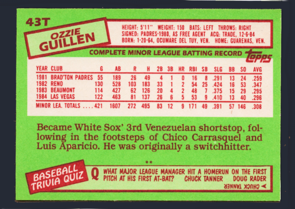 Vintage 1985 Topps Traded #43T - Ozzie Guillen Rookie Card (RC) - White Sox - Image 2
