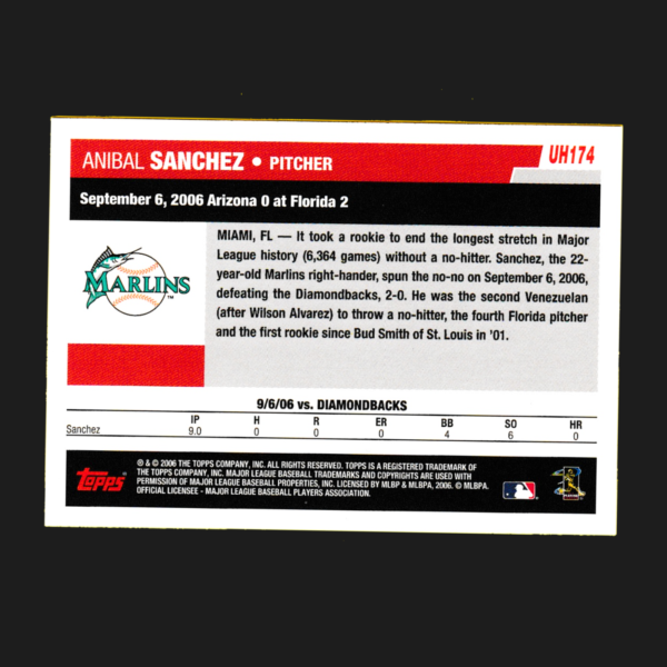 2006 Topps UH174 Anibal Sanchez - Pitched No-Hitter HIs Rookie Season - Marlins - Image 2