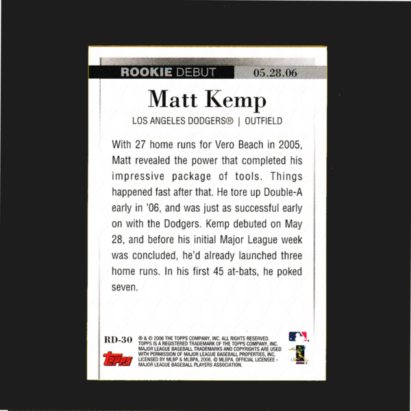2006 Topps RD-30 Matt Kemp - Rookie Debut 5-28-06 - Los Angeles Dodgers - Image 2