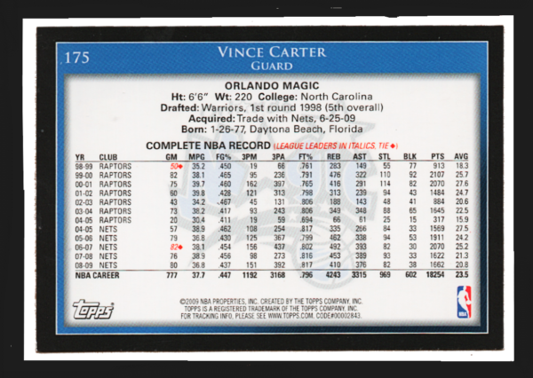 2009 Topps NBA - #175 Vince Carter - Orlando Magic Guard Collectible - Image 2