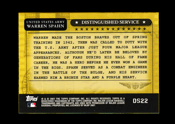 2007 Topps DS23 Warren Spahn- Decorated Purple Heart & Bronze Star Army - HOF - Image 2