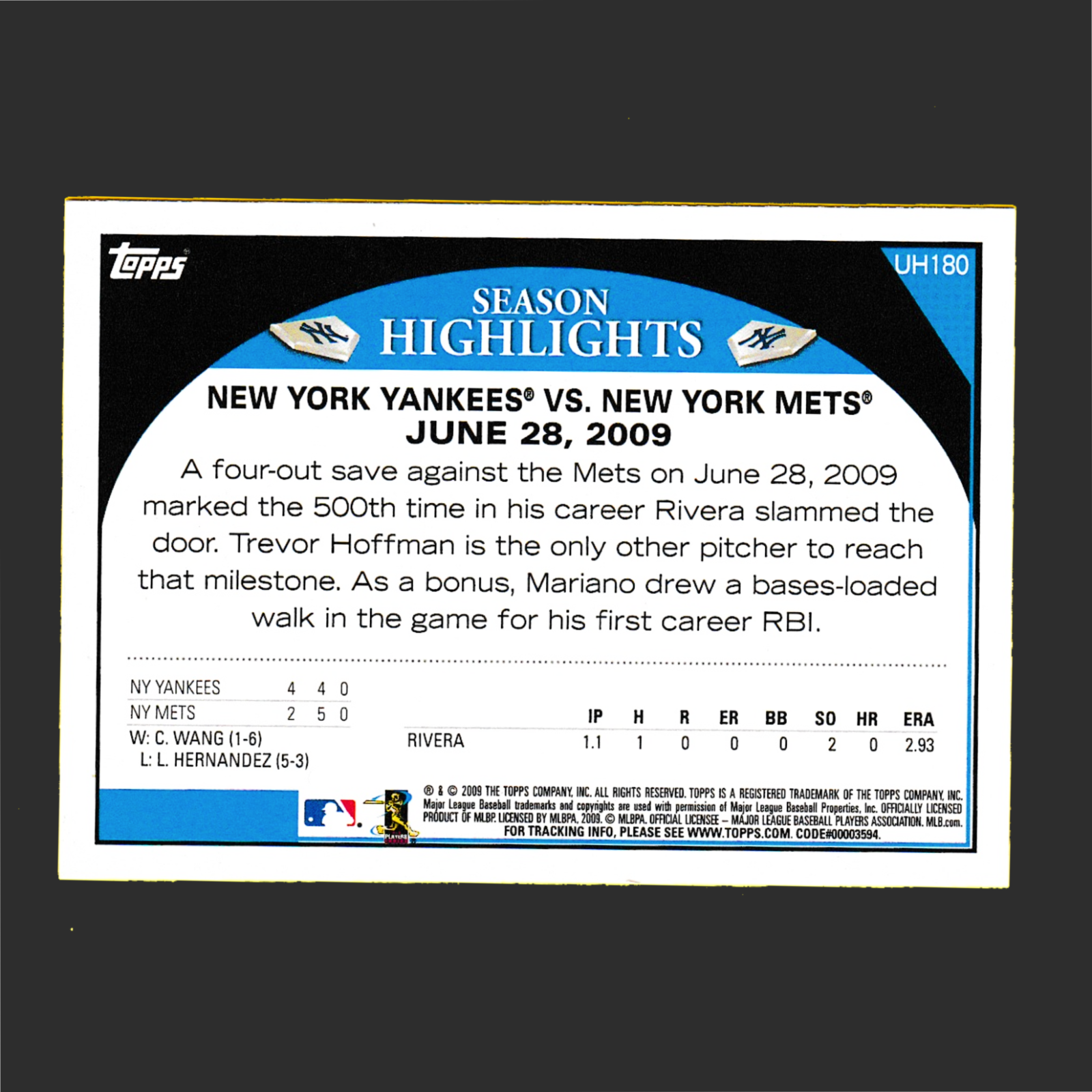 2009 Topps Updates UH180 Mariano Rivera - Notches 500th Career Save- Yankees - Image 2