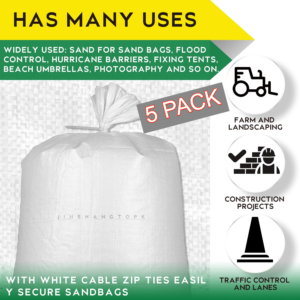 5 Bags Medium/Heavy Duty Sand Bags for Flooding with 5 Cable Zip Ties - 19"x 31"