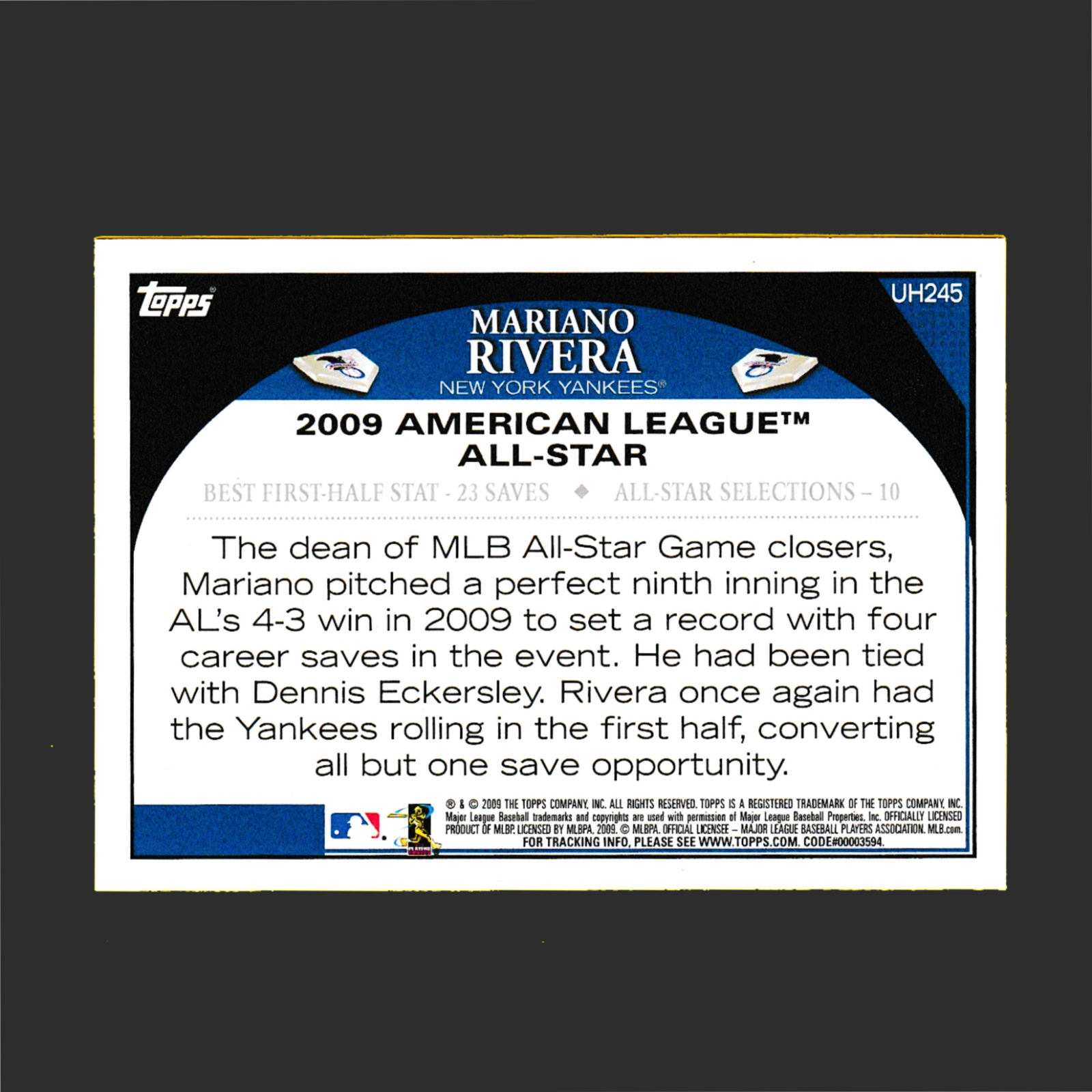 2009 Topps UH245 Mariano Rivera All Stars - New York Yankees - Image 2