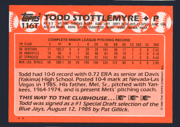 Vintage 1986 Topps Traded #116T - Todd Stottlemyre Rookie Card (RC) - Blue Jays - Image 2