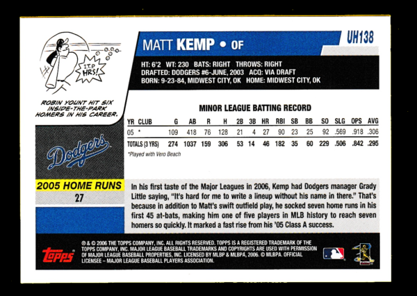 2006 Topps UH138 Matt Kemp - Rookie Card - Los Angeles Dodgers - Image 2