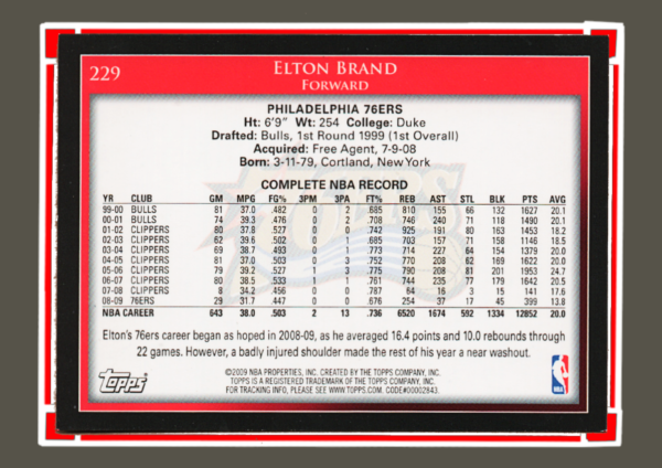 2009 Topps NBA - #229 Elton Brand - Phidelphia 76ers Forward Collectible - Image 2