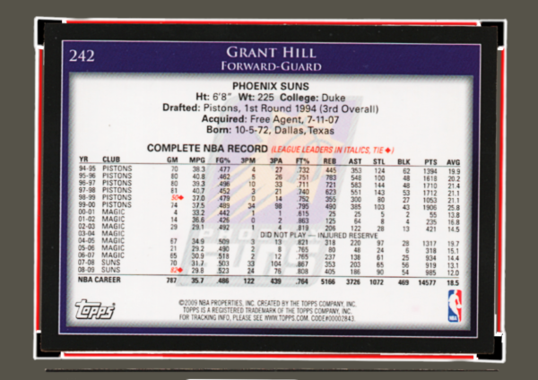 2009 Topps NBA - #242 Grant Hill - Phoenix Suns Forward/Guard Collectible - Image 2