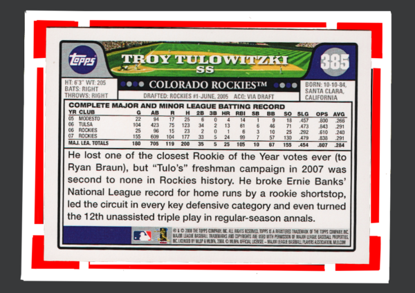 2008 Topps #385 - Troy Tulowitzki Rookie (RC) - Top Rookie Cup Release - Rockies - Image 2