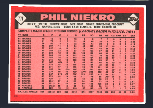 Vintage 1988 Topps Traded #77T - Phil Niekro - HOF Pitcher Cleveland Indians - Image 2