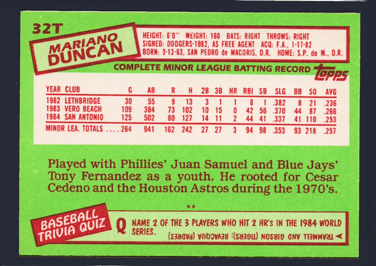 Vintage 1985 Topps Traded #32T - Mariano Duncan Rookie Card (RC) - L.A. Dodgers - Image 2