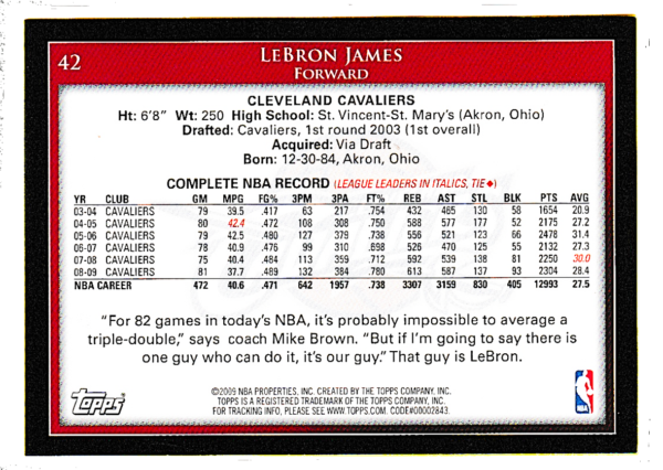 2009 Topps 42 LeBron James -Cleveland Cavaliers - Image 2