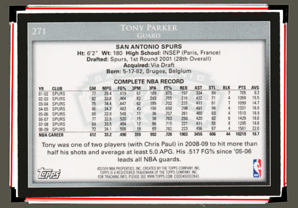 2009 Topps NBA - #271 Tony Parker - San Antonio Spurs Guard Collectible - Image 2